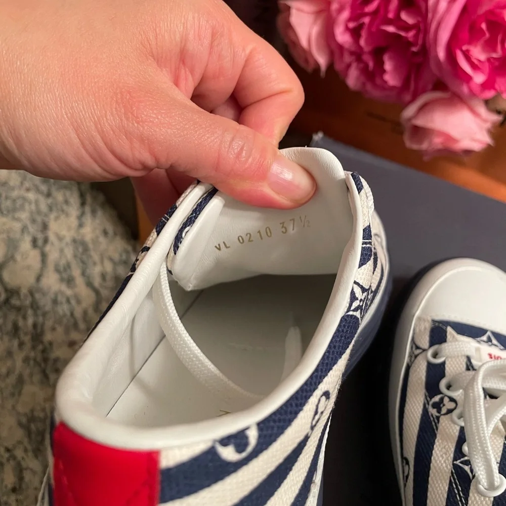Louis Vuitton Navy White Striped Platform Sneakers With Red On The Back